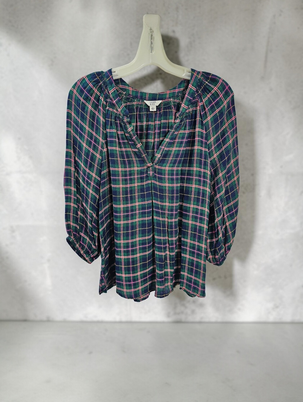 Crown And Ivy Womens Green Tartan Plaid 3/4 Sleeve Blouse Size Small